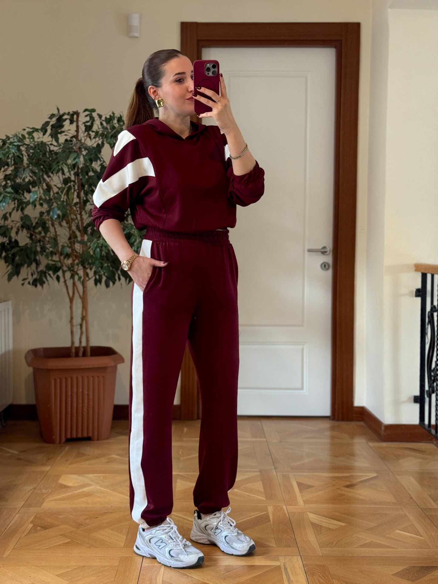 Modal Kapüşonlu Paça Lastikli Takım Bordo