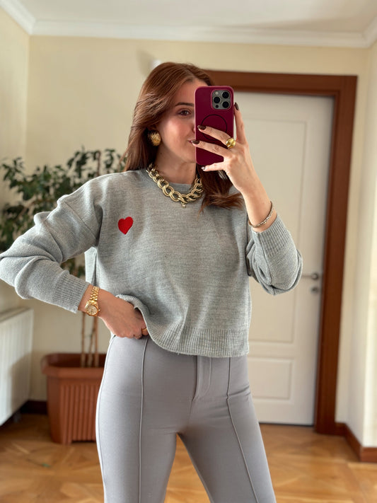 Kalp Aplikeli Crop Kazak - GRİ