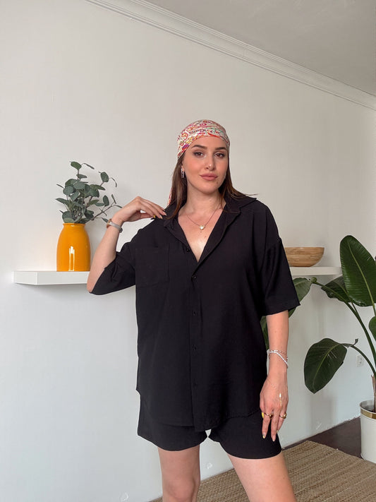 LİCARDİ keten şortlu gömlekli takım SİYAH