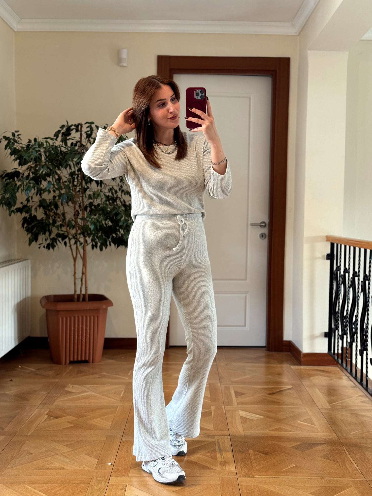 Fitilli bisiklet yaka crop bol paça pantolon takım-GRİ