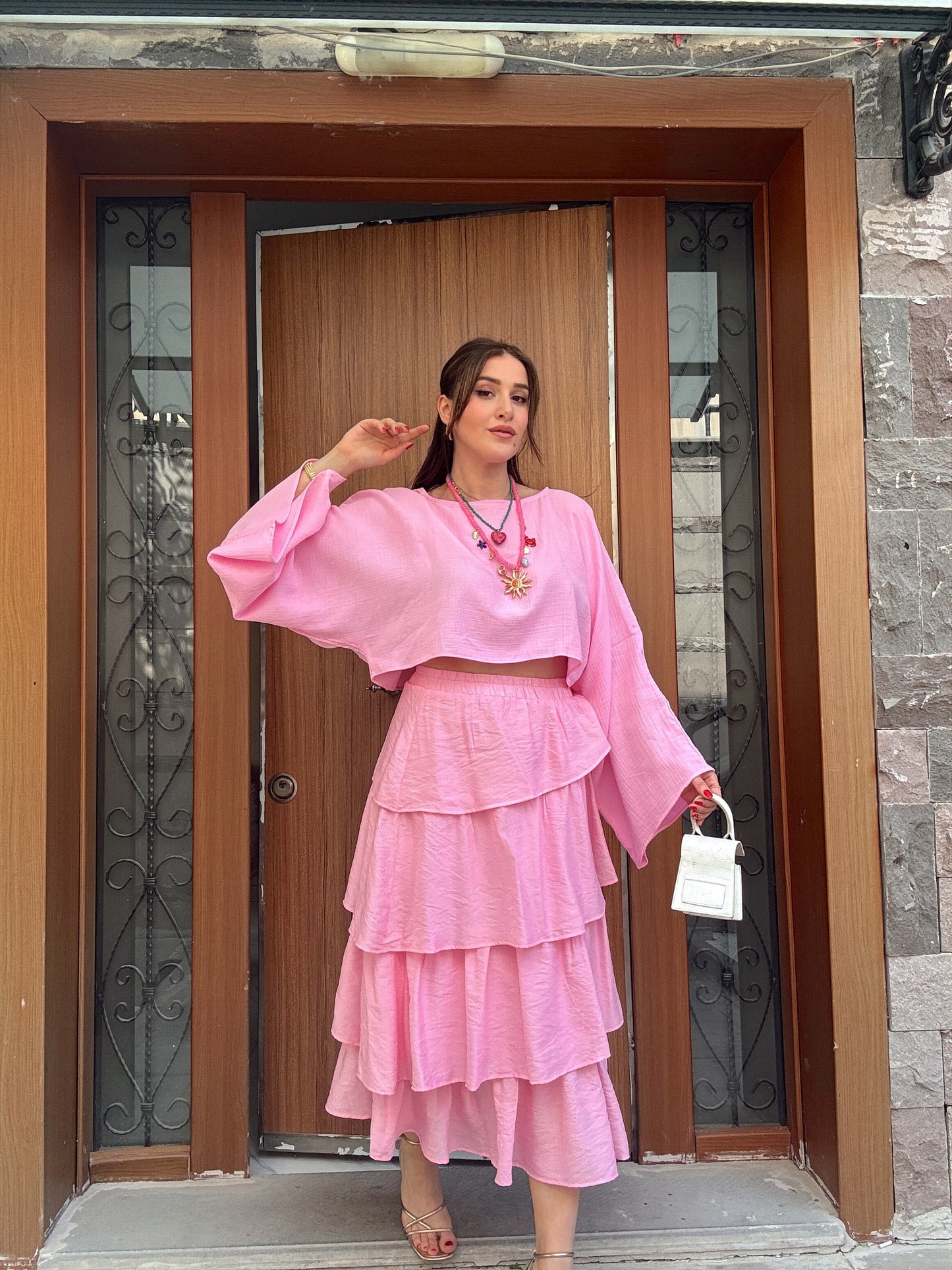 Yarasa kol crop müslin bluz PEMBE