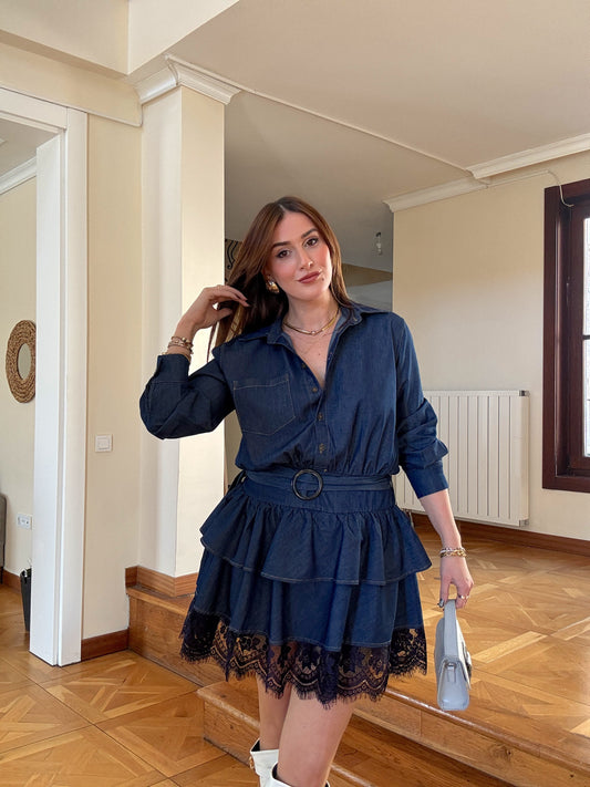 Eteği dantelli tensel elbise Mavi