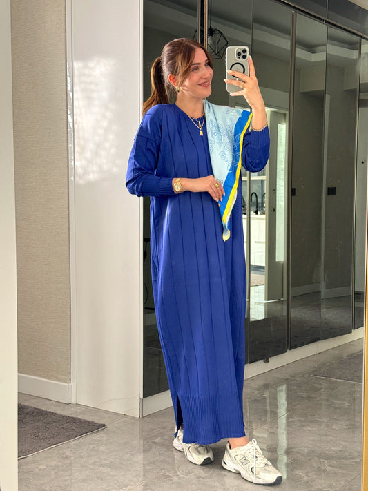 Şerit detaylı uzun triko elbise SAKS MAVİ