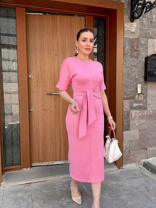 Bel bağlama detay modal kumaş elbise PEMBE