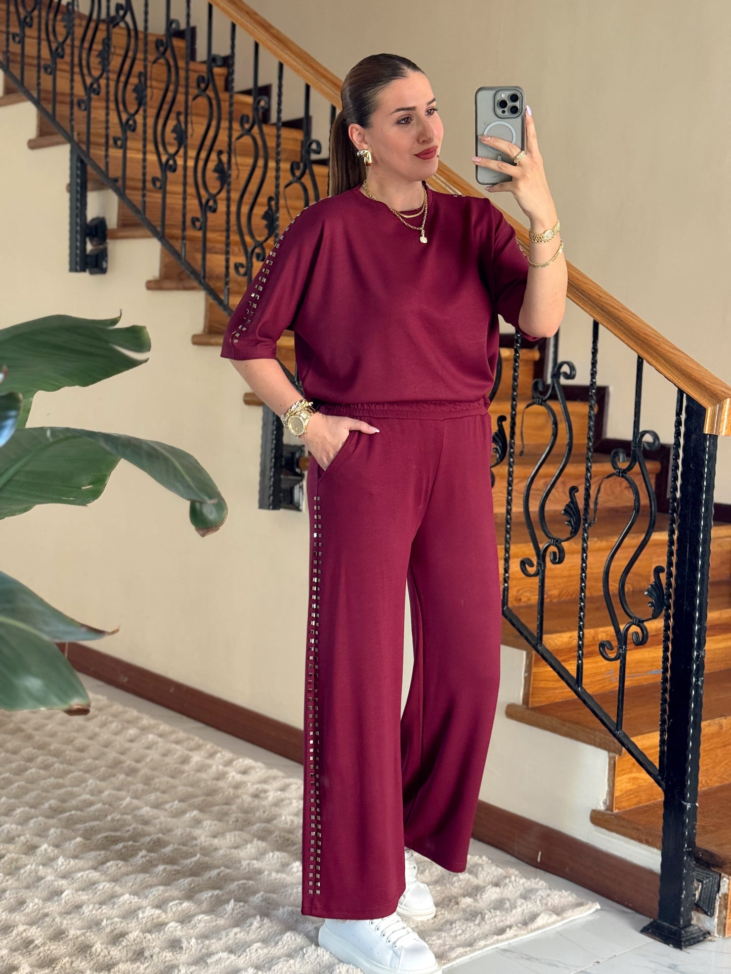 MORİNO taşlı oysh modal takım BORDO