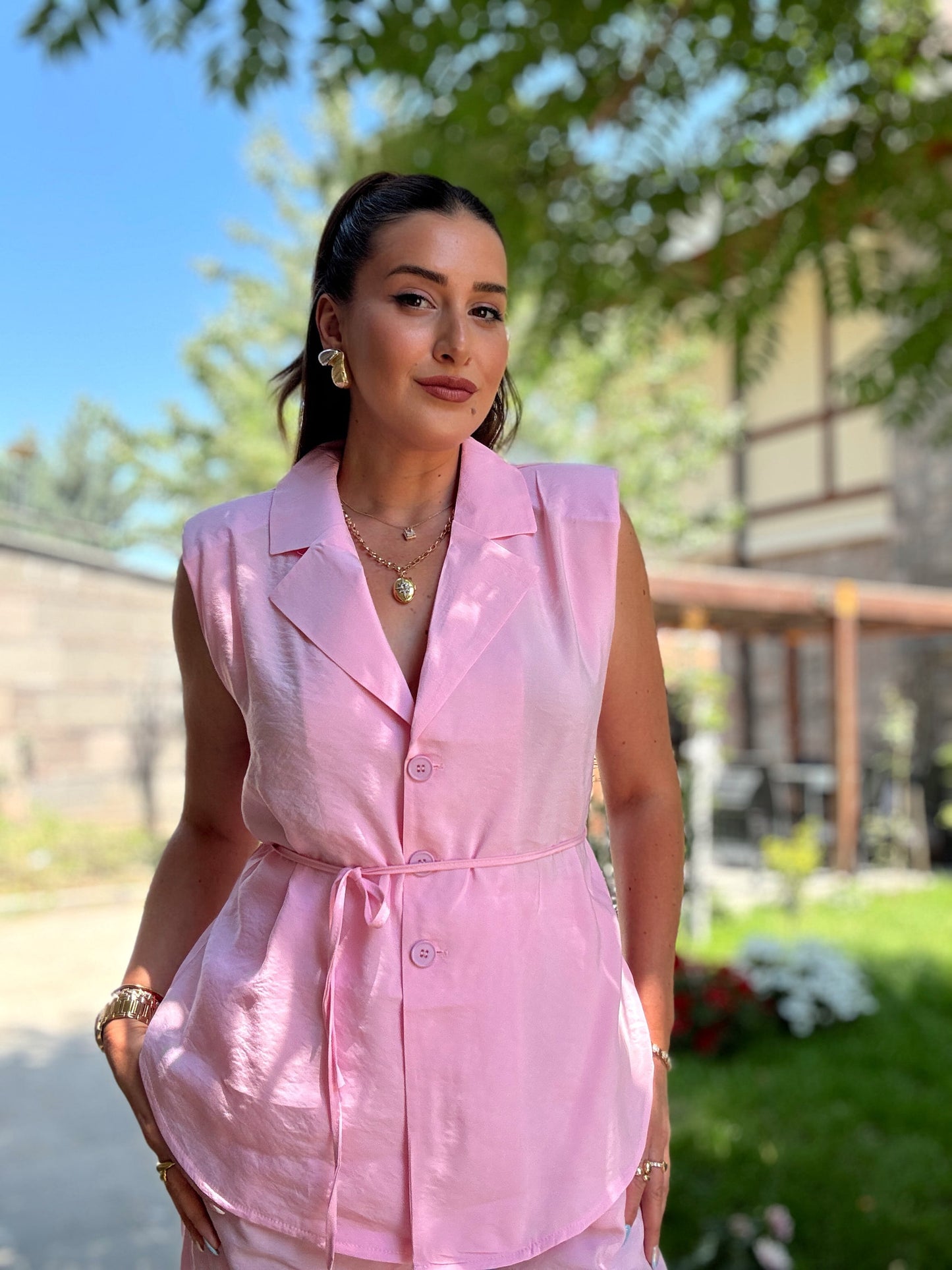 BRUCE tensel kumaş kemerli takım PEMBE