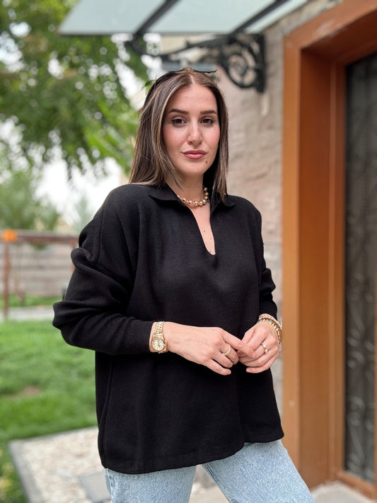 Polo Yaka Basic Triko Kazak - SİYAH