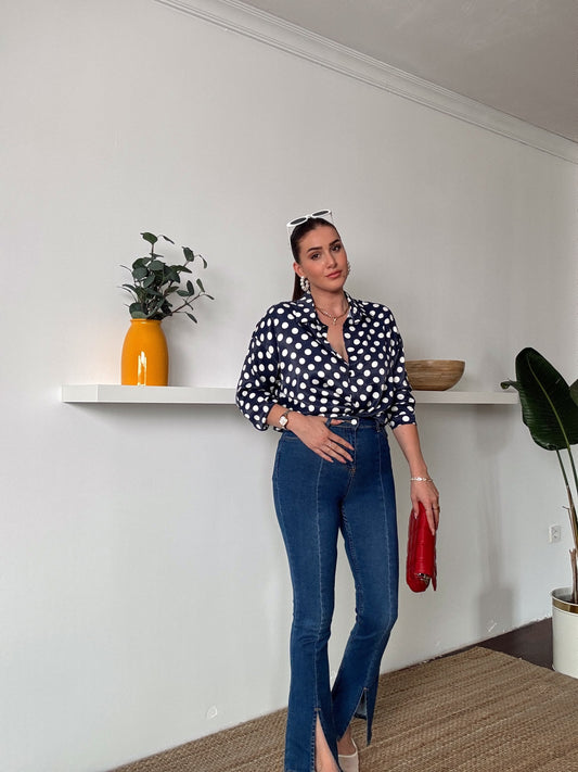 Extra Yüksek Bel Paça Yırtmaçlı likralı jean Mavi