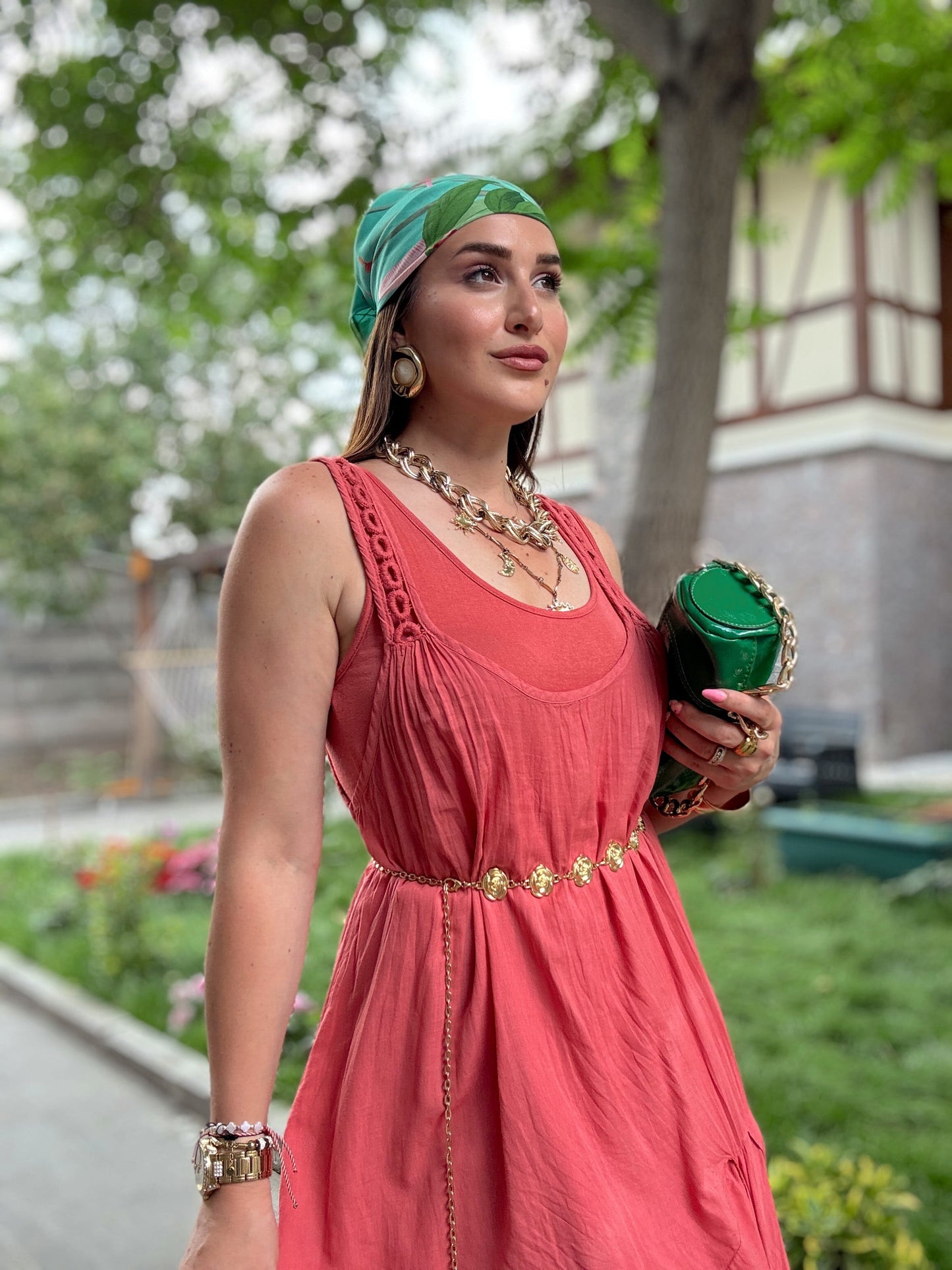 Askı Halka işlemeli Uzun Elbise nar çiçeği