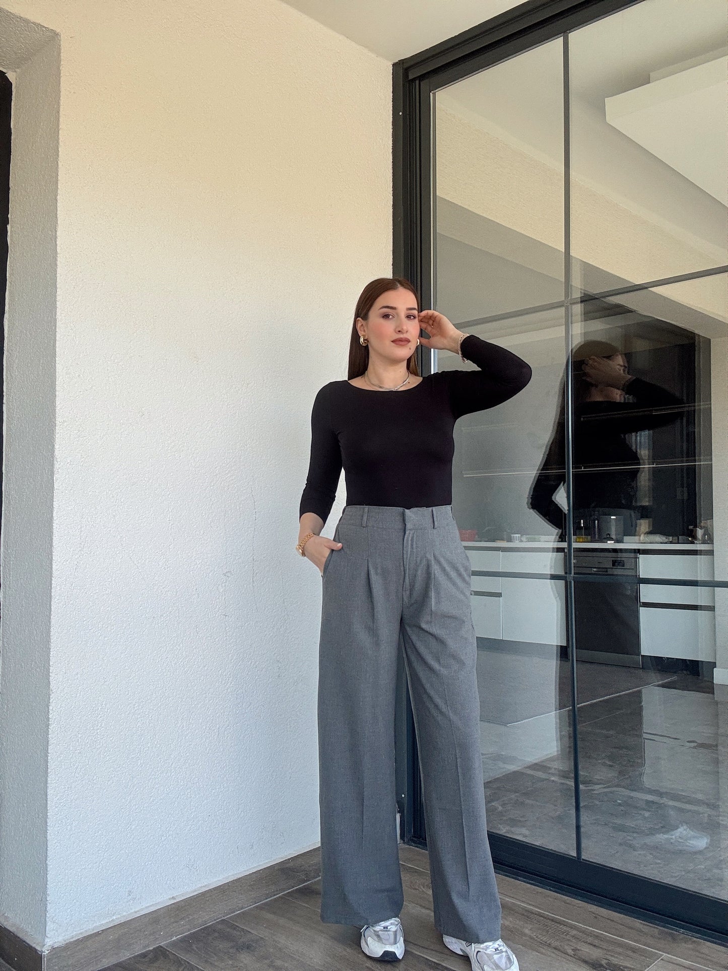 Çıtçıt detaylı palazzo pantolon-GRİ