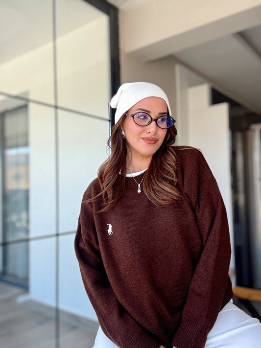 Nakışlı Oversize Triko Kazak Kahve
