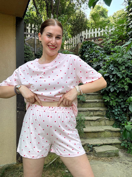 Desenli Şortlu Pijama Takımı PEMBE KIRMIZI