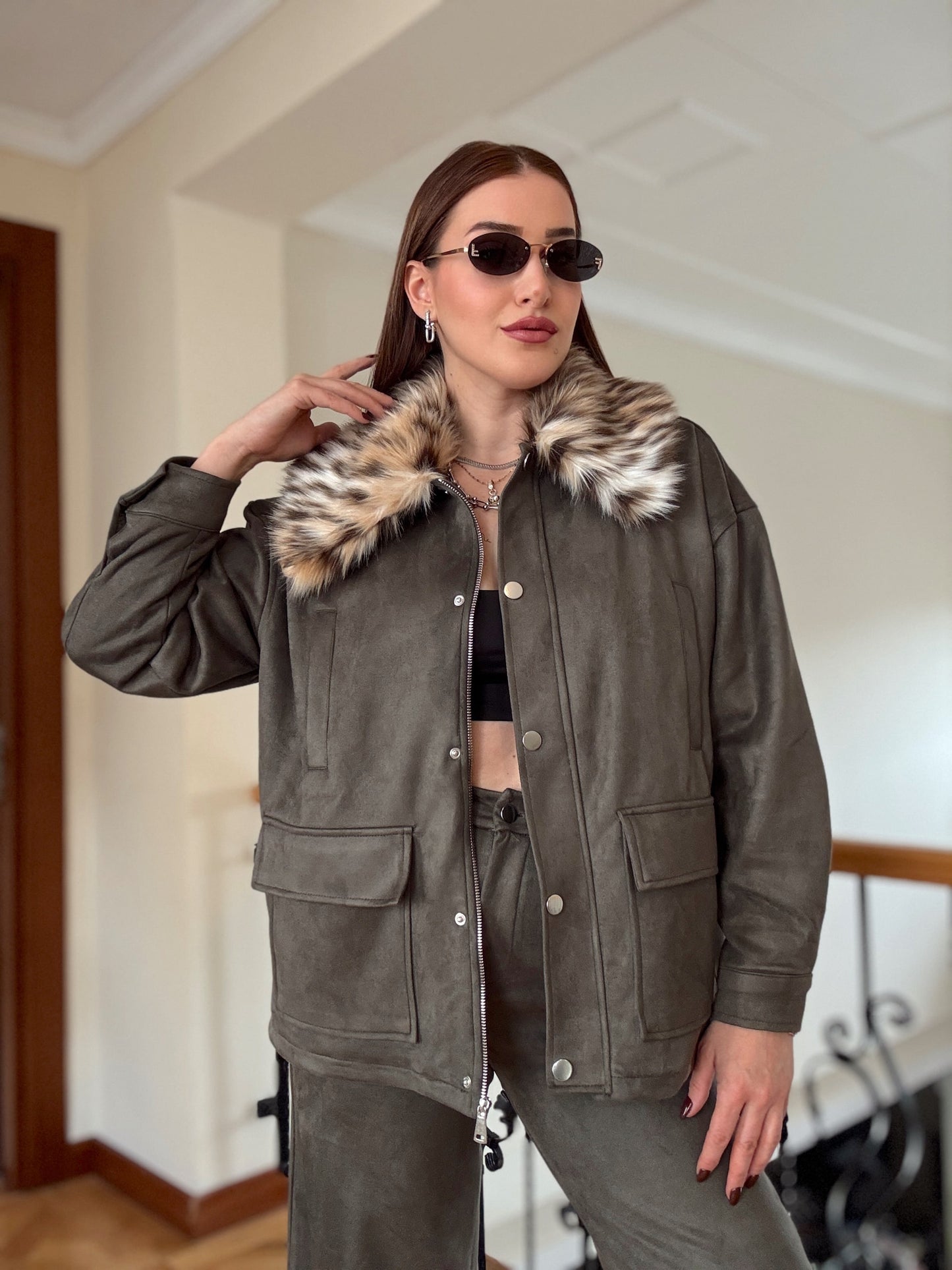 LEOPAR yaka süet ikili takım HAKİ