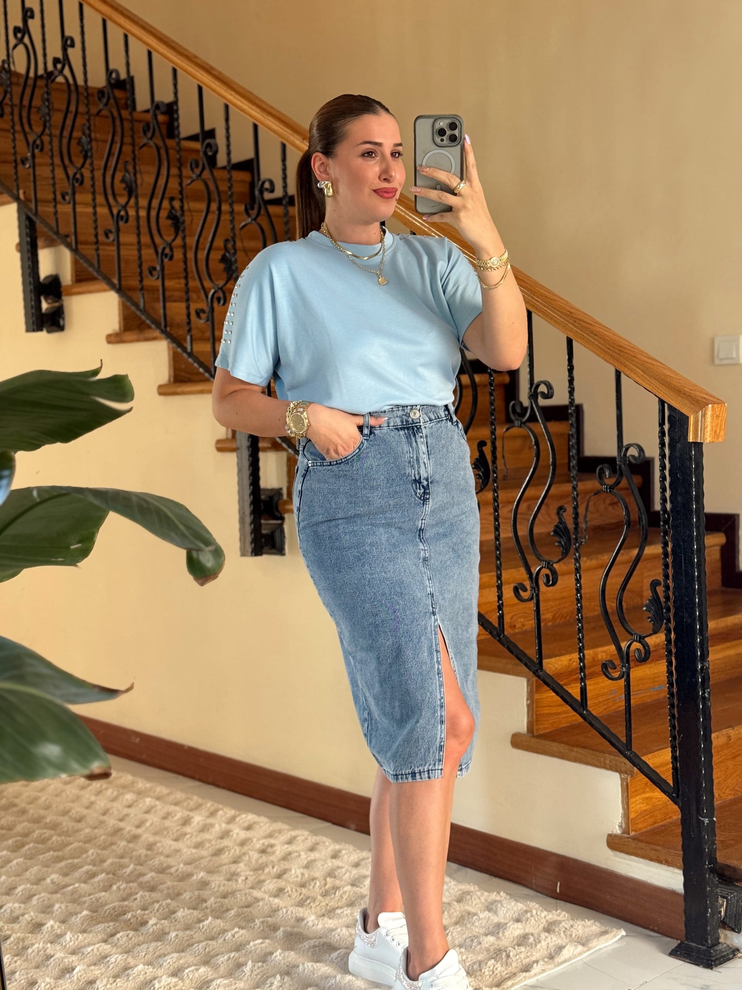 Omuz taşlı modal tişört MAVİ