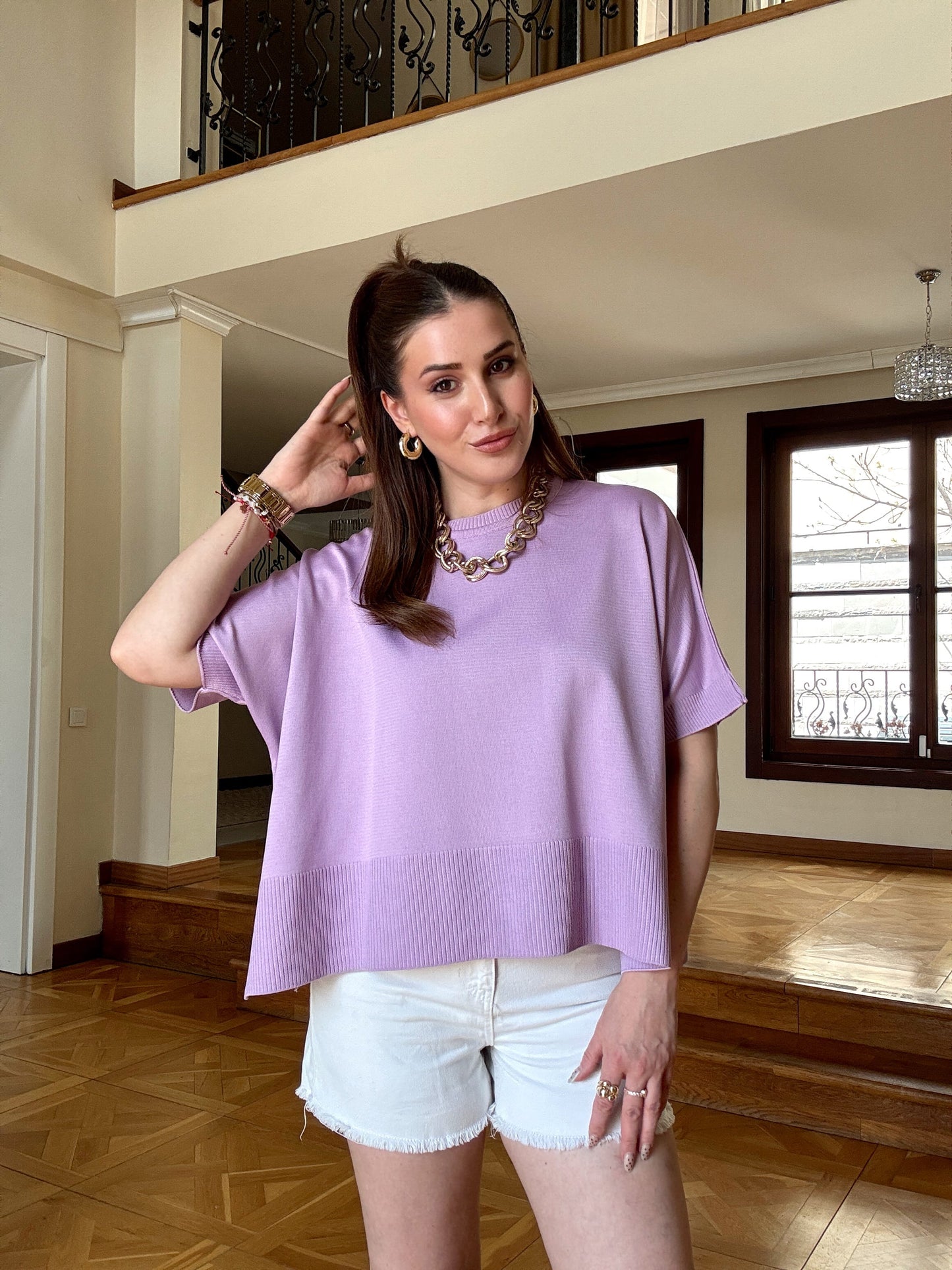 Kısa Kollu Oversize Triko Kazak-LİLA