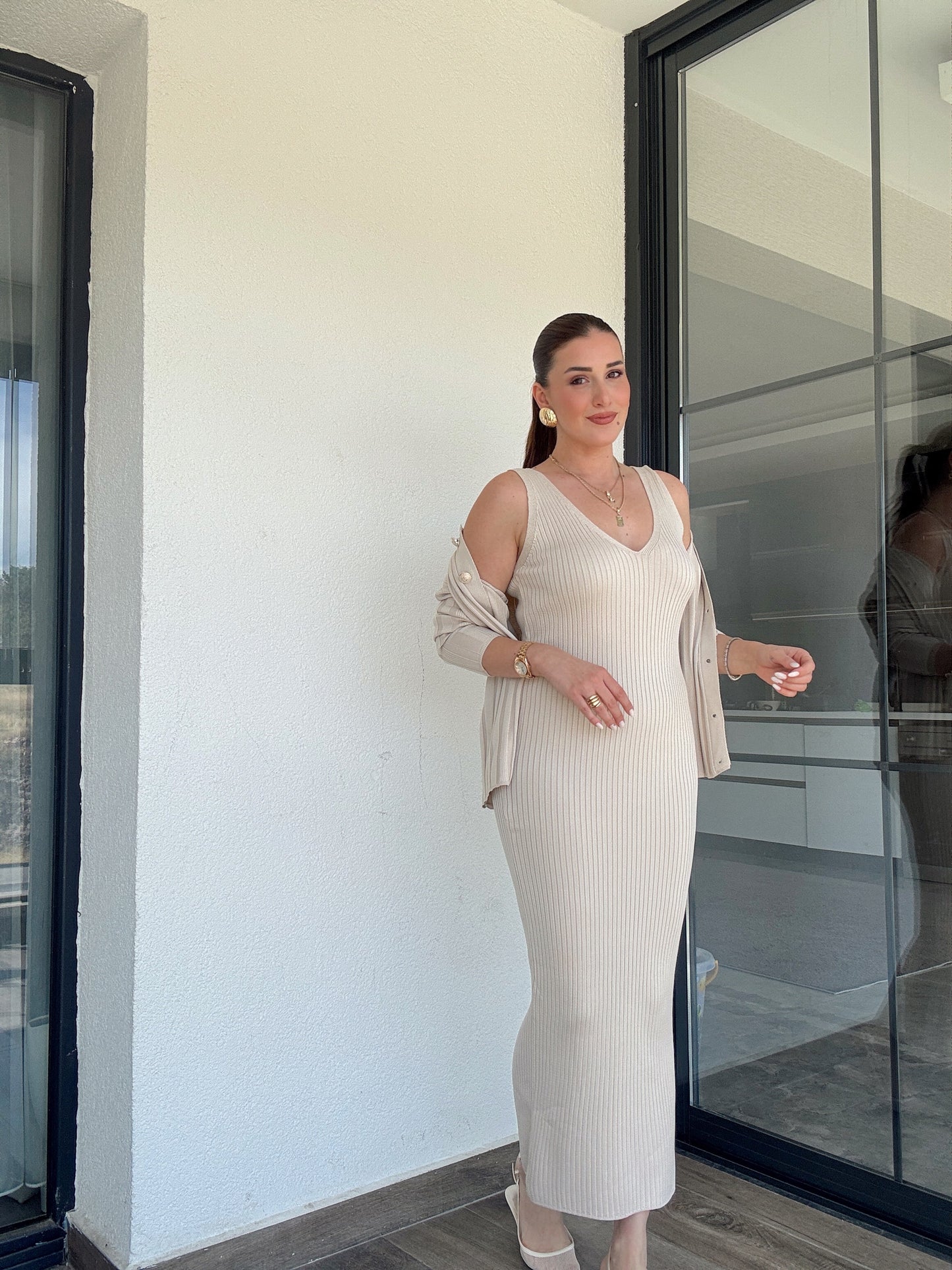 Fitilli Düğmeli Triko Takım Latte