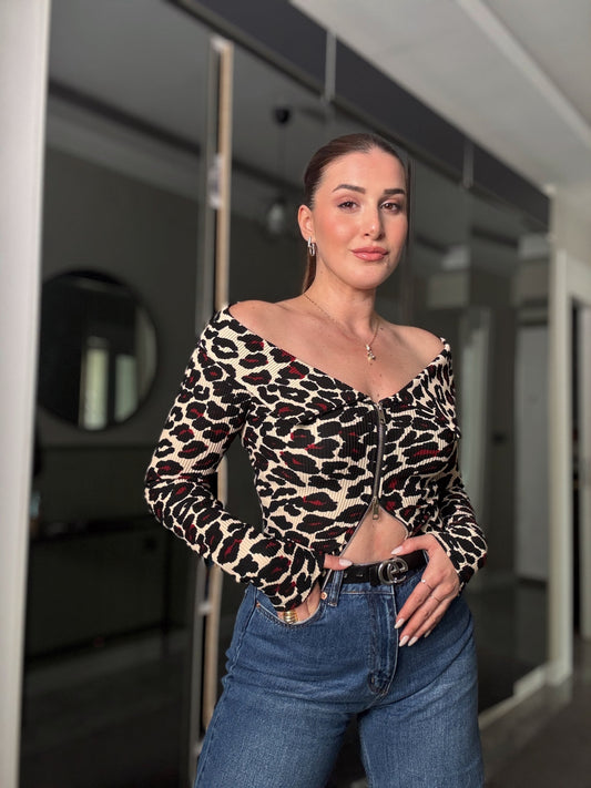 Fermuarlı Leopar Bluz Bordo