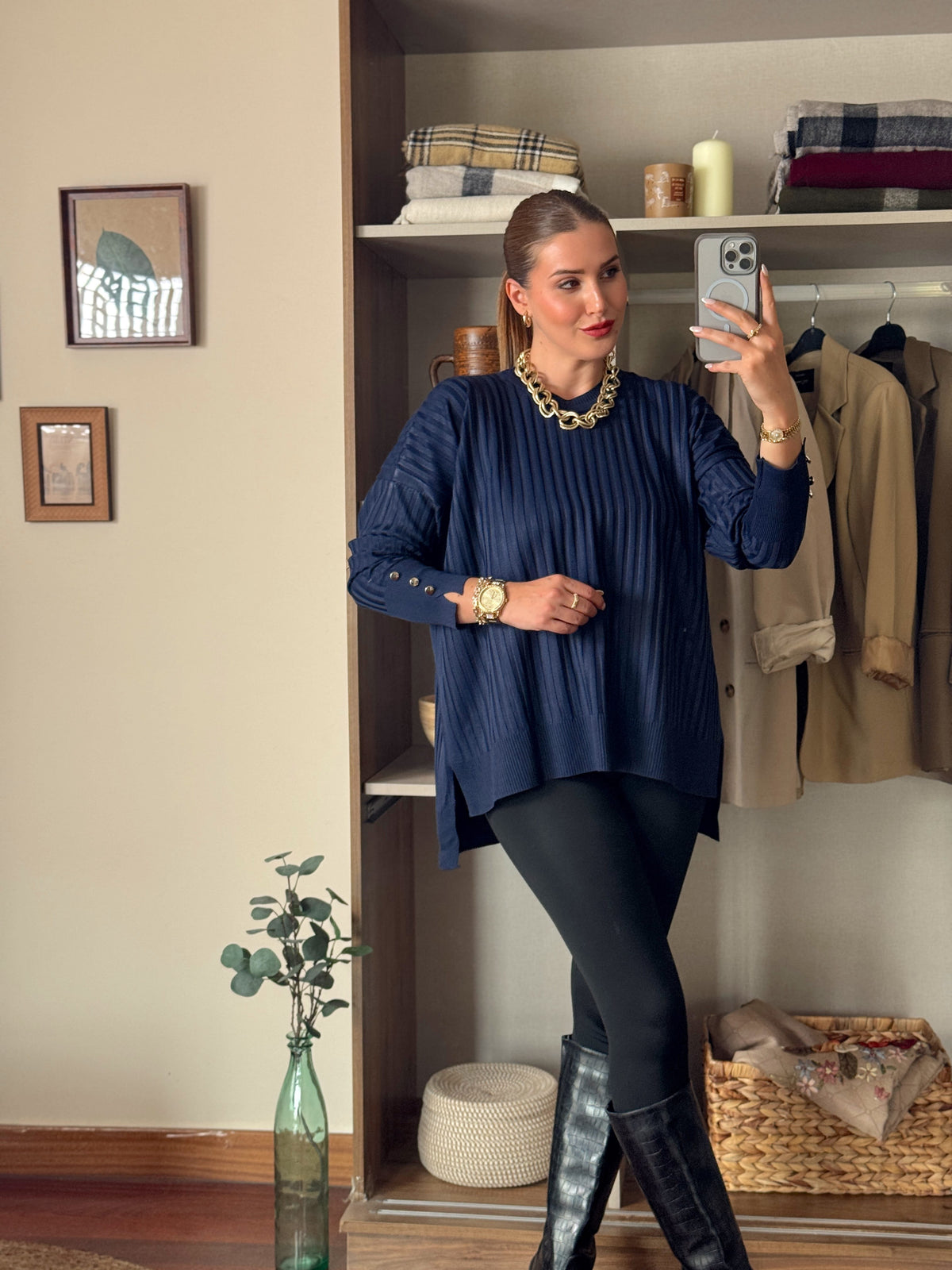 Oversize kesim düğmeli bol kazak Lacivert