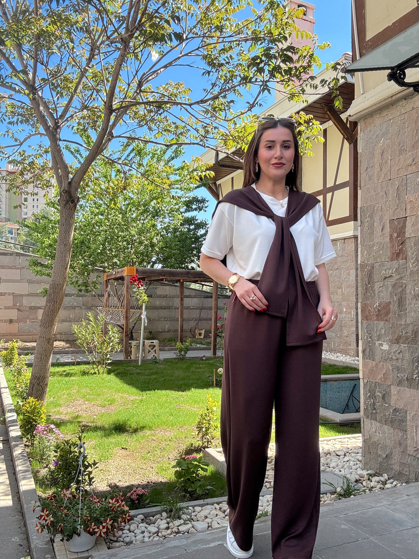 3 Parça Bağlama detaylı Takım Kahve