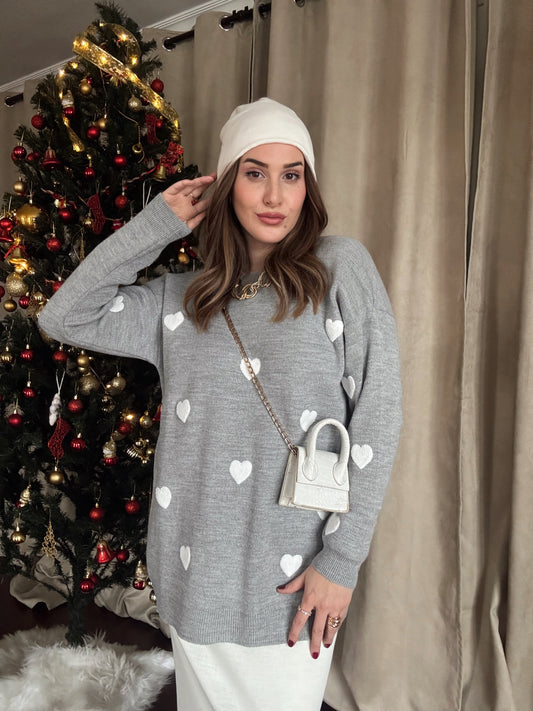 Minik Kalp Detay Triko Kazak - GRİ