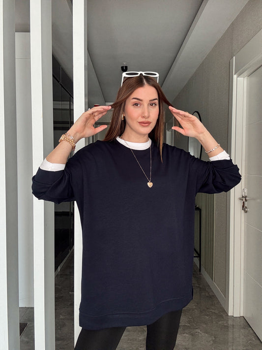 Düz Yırtmaçlı Modal Kumaş SweatShirt LACİVERT