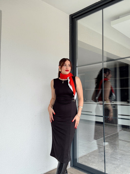 Drape detaylı midi elbise SİYAH