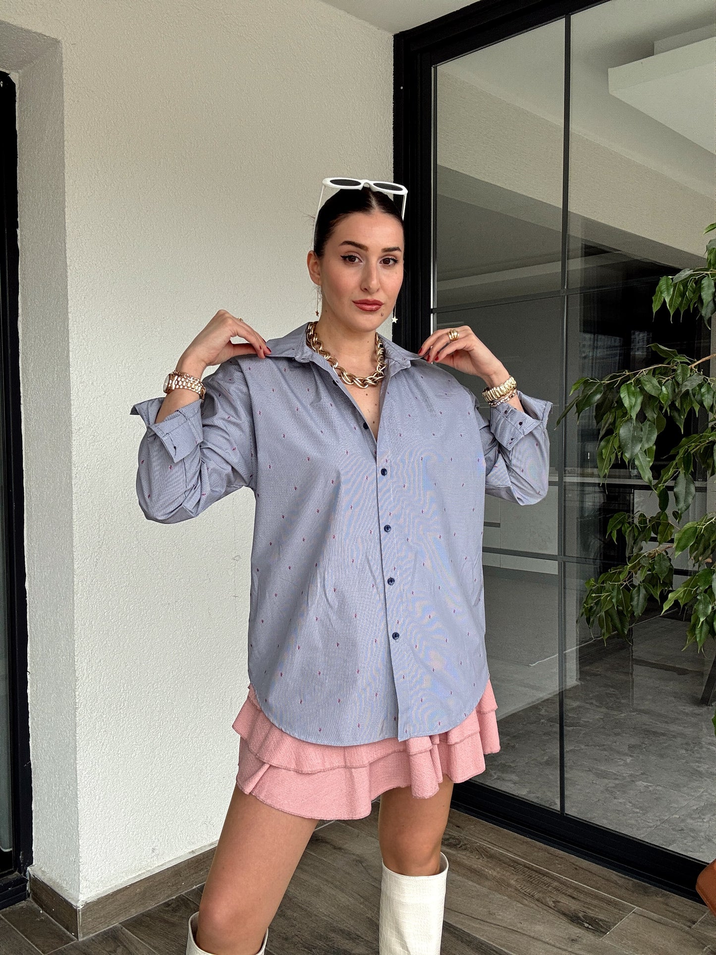 Cotton Çizgili Gömlek - GRİ