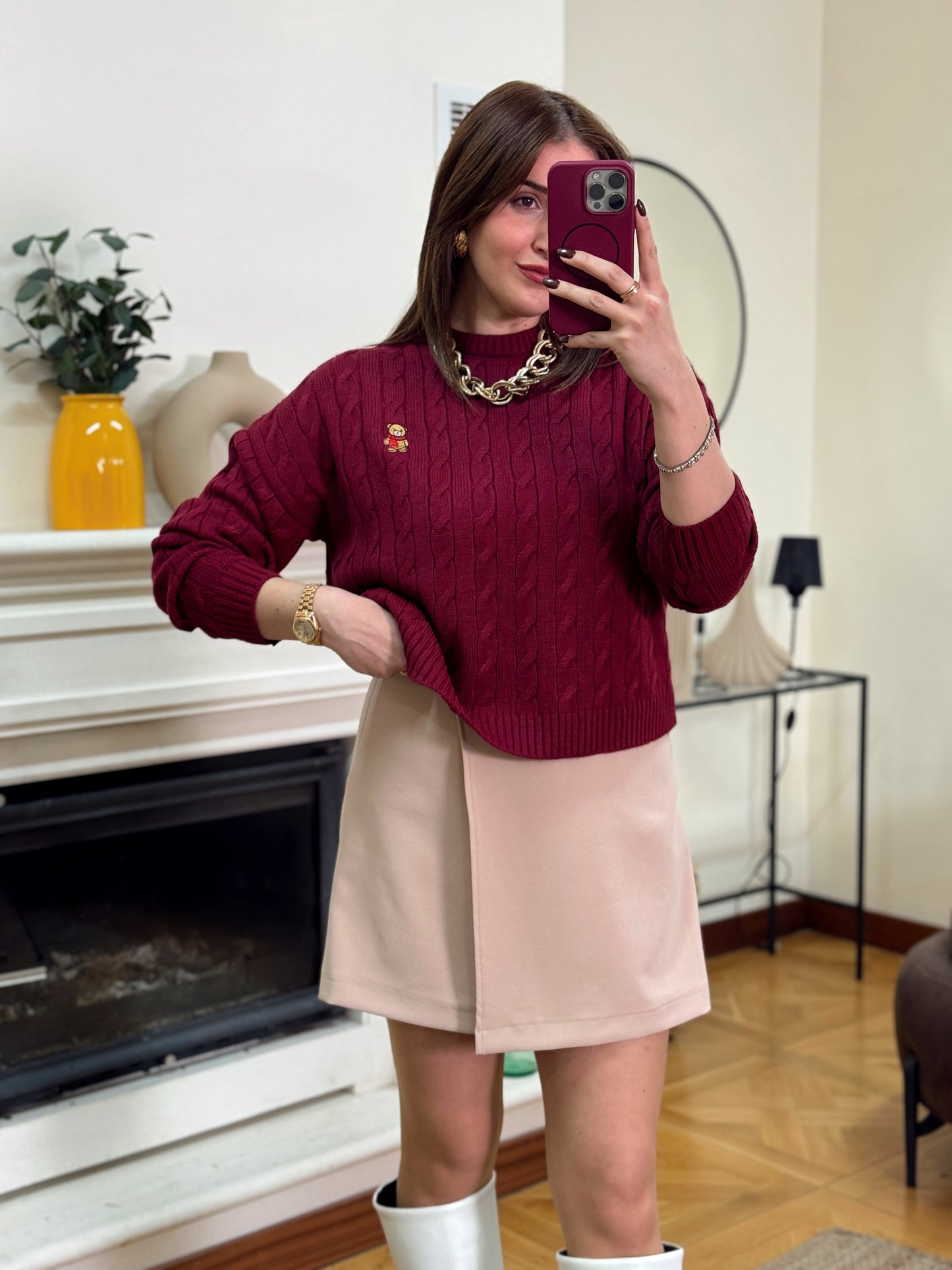 Saç örgü küçük ayıcık işlemeli kazak-BORDO