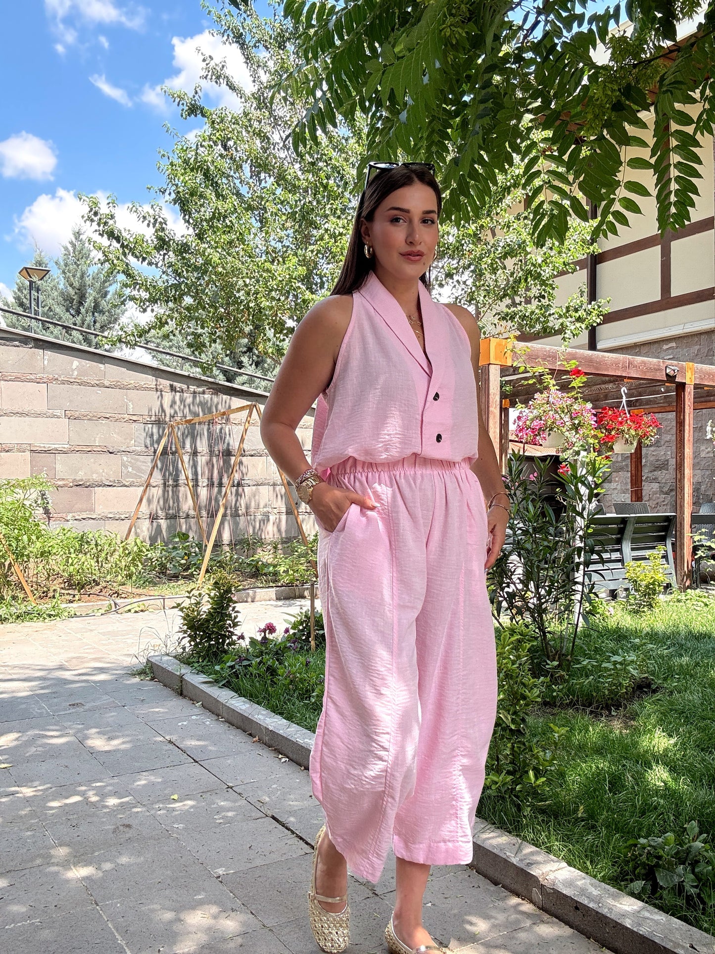 Keten düğmeli sıfır kol takım PEMBE