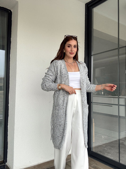 Bel kemer detaylı karışımlı ceket-GRİ