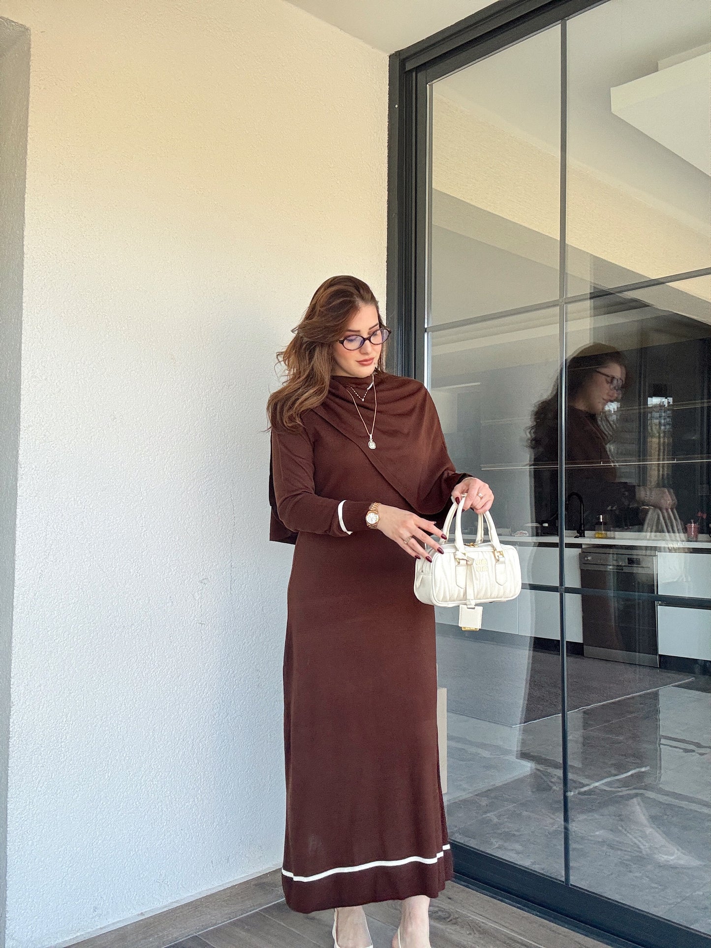 Çizgili pelerinli elbise-KAHVERENGİ