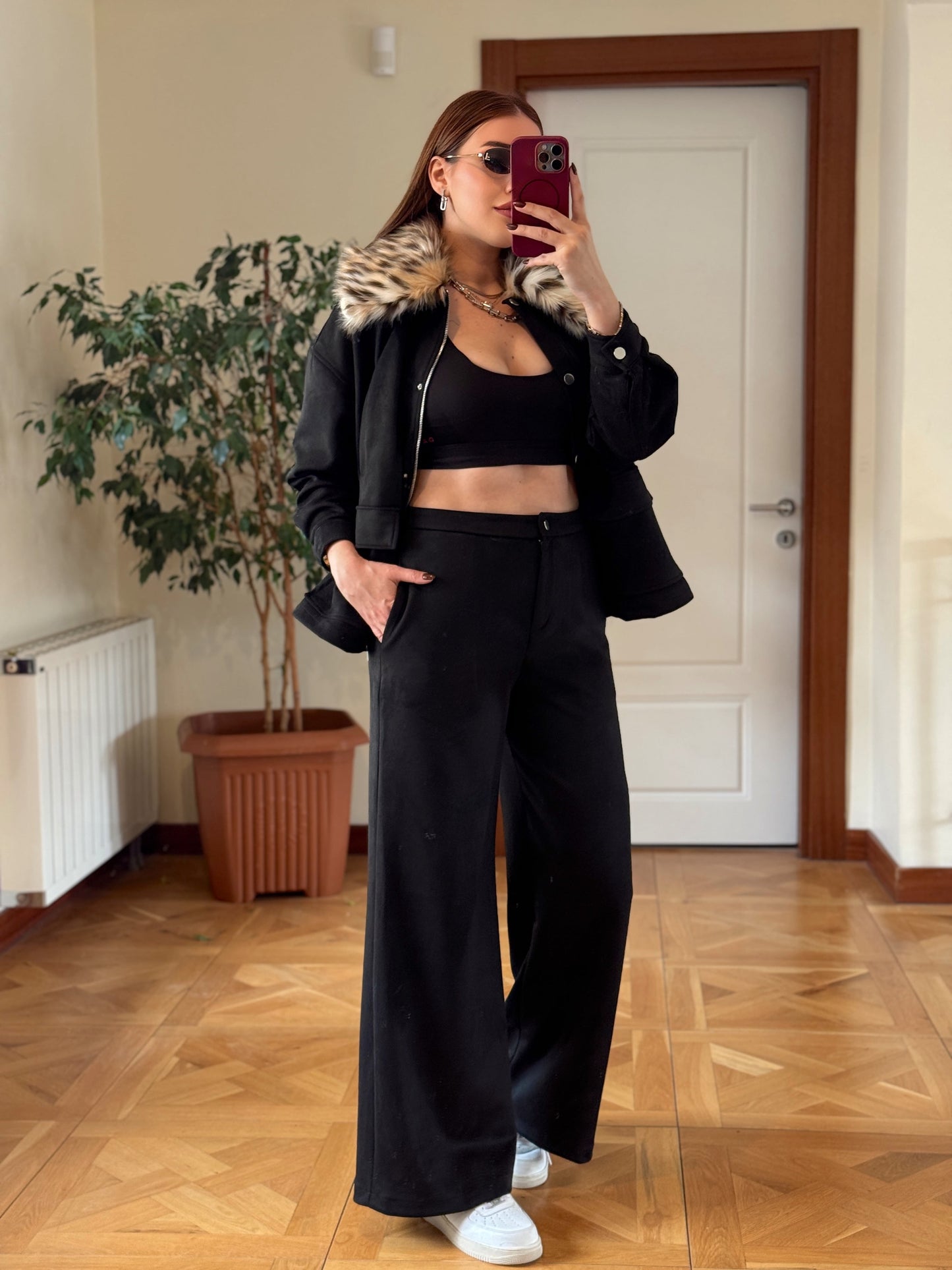 LEOPAR yaka süet ikili takım SİYAH