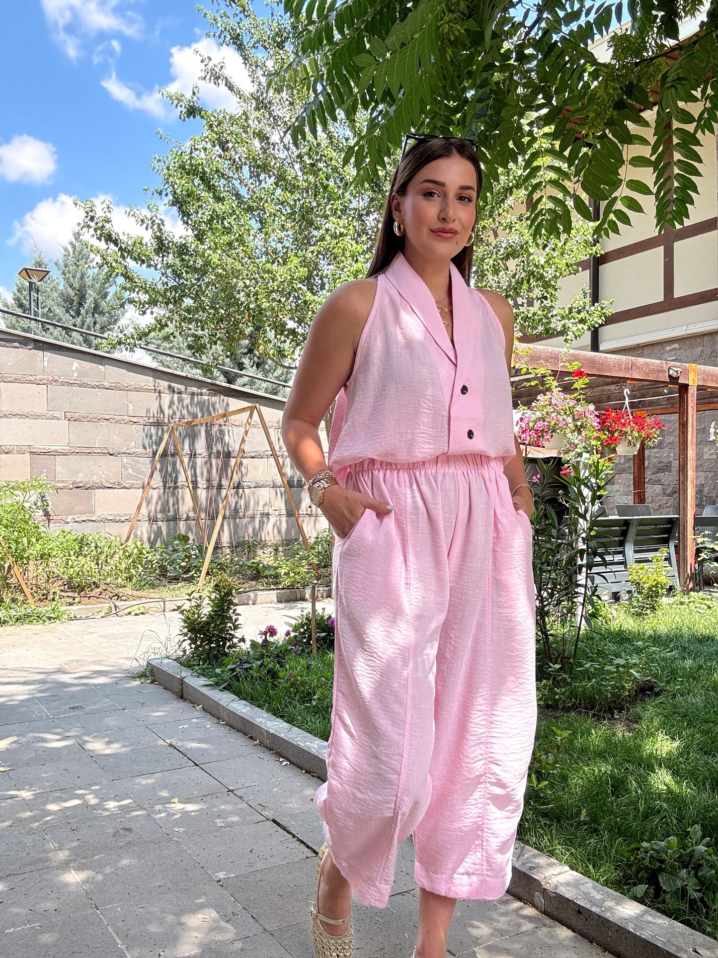 Keten düğmeli sıfır kol takım PEMBE