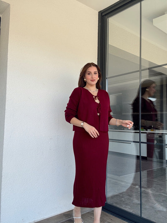 Önü Bağlama Jileli Triko Takım Bordo