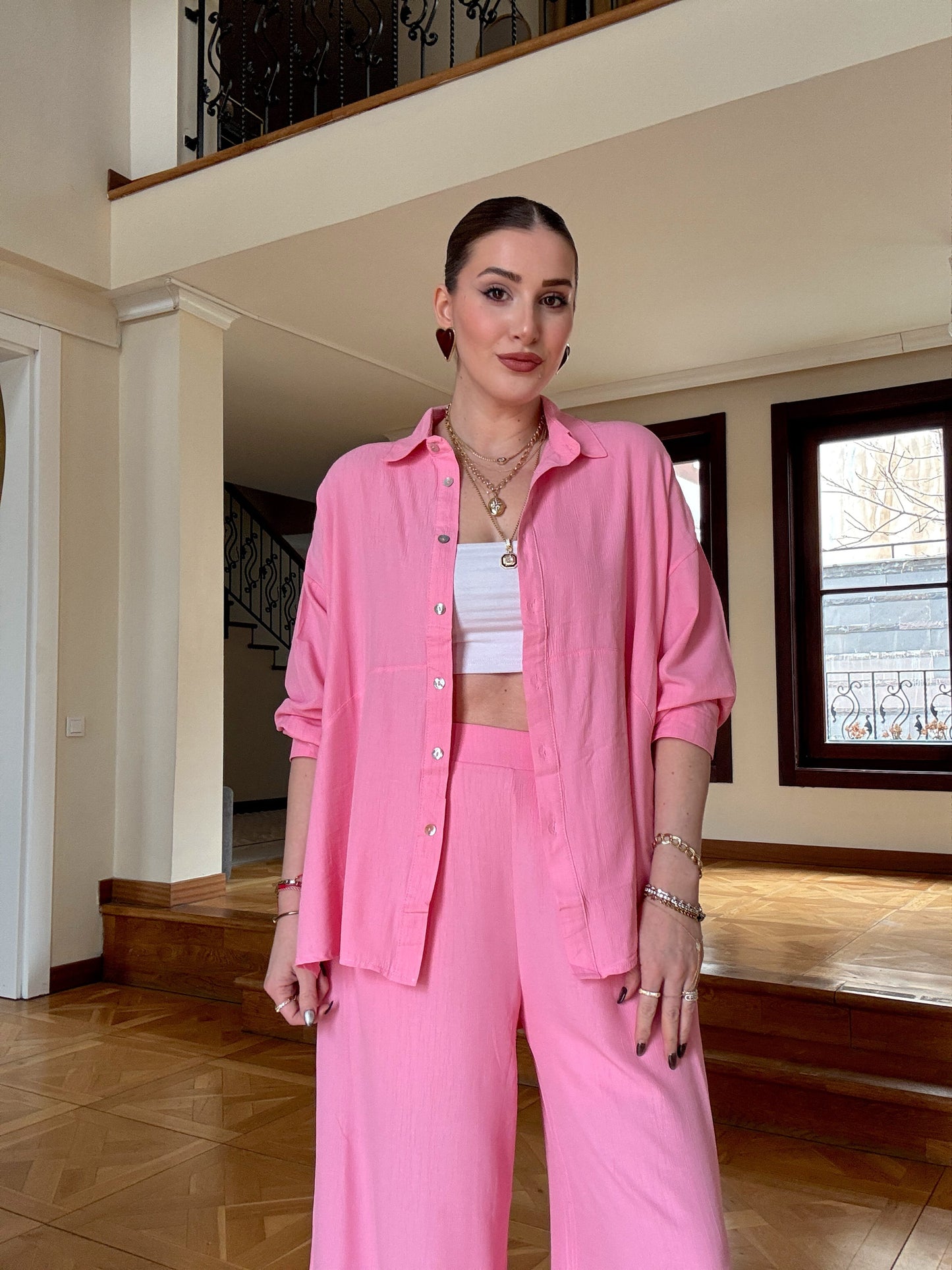 Gofre pantolonlu ikili takım Pembe