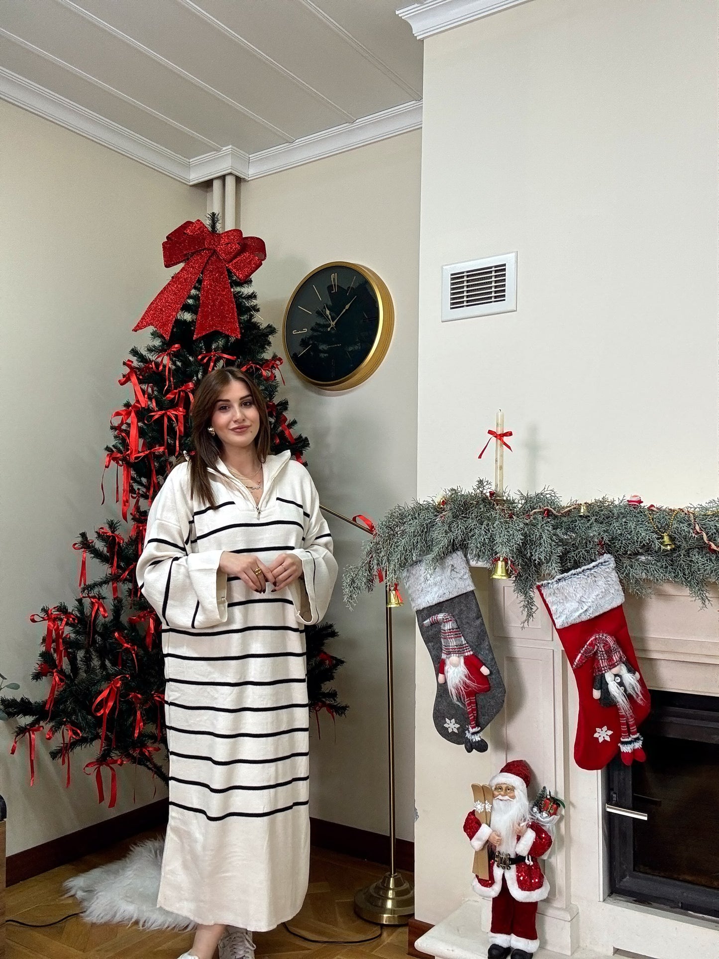 Fermuarlı çizgili triko elbise-LATTE