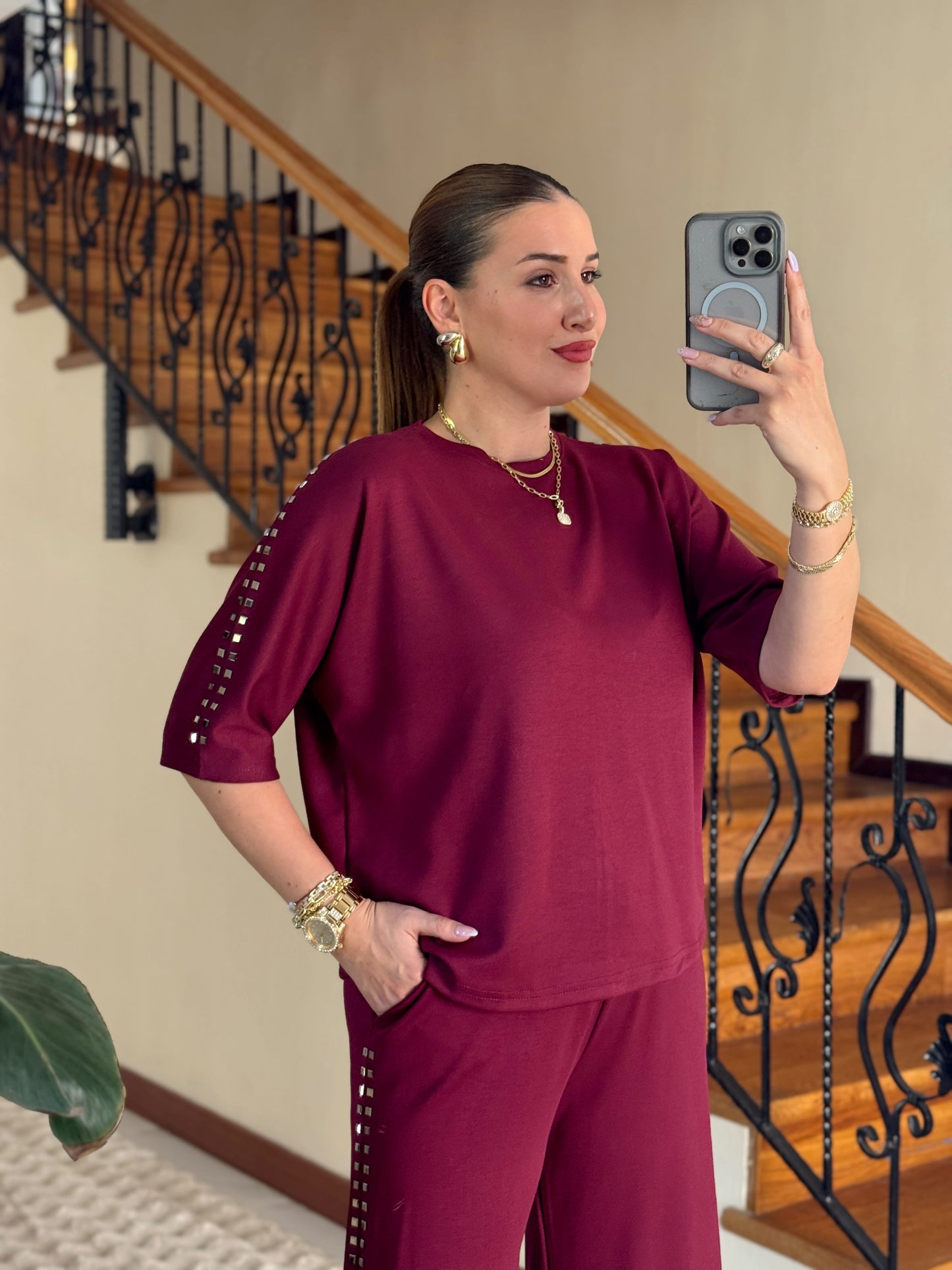 MORİNO taşlı oysh modal takım BORDO