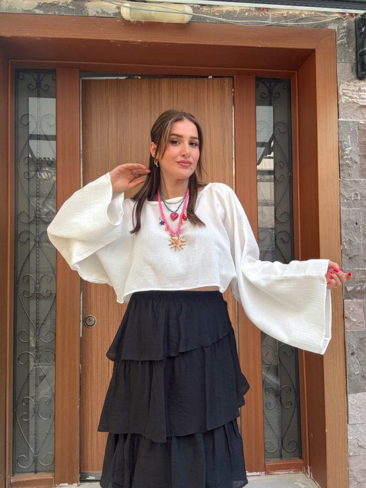 Yarasa kol crop müslin bluz BEYAZ