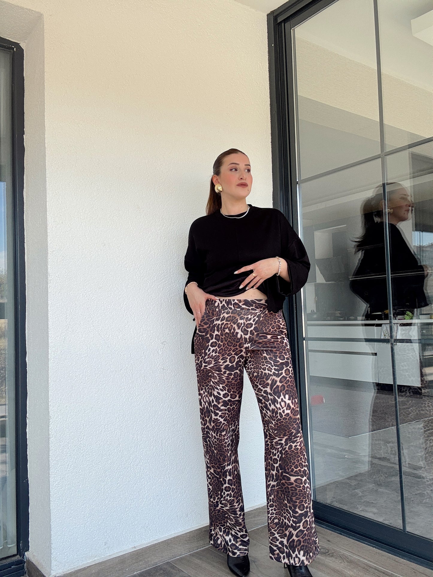 Digital Baskı Palazzo Pantolon - KAHVE LEOPAR