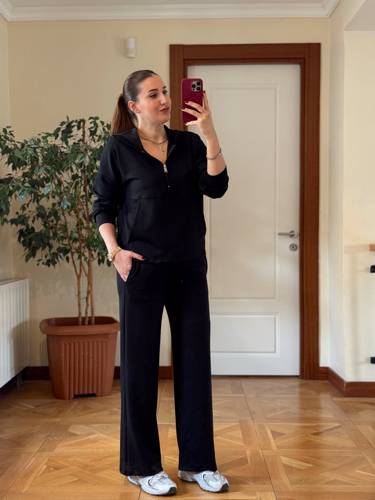 MODAL KUMAŞ KANGURU CEP YARIM FERMUAR TAKIM-SİYAH