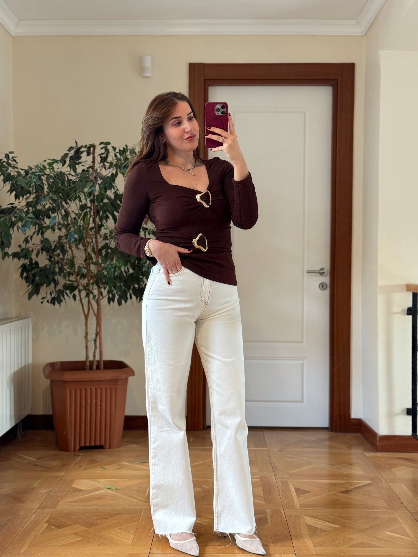 Çift tokalı bluz-KAHVERENGİ