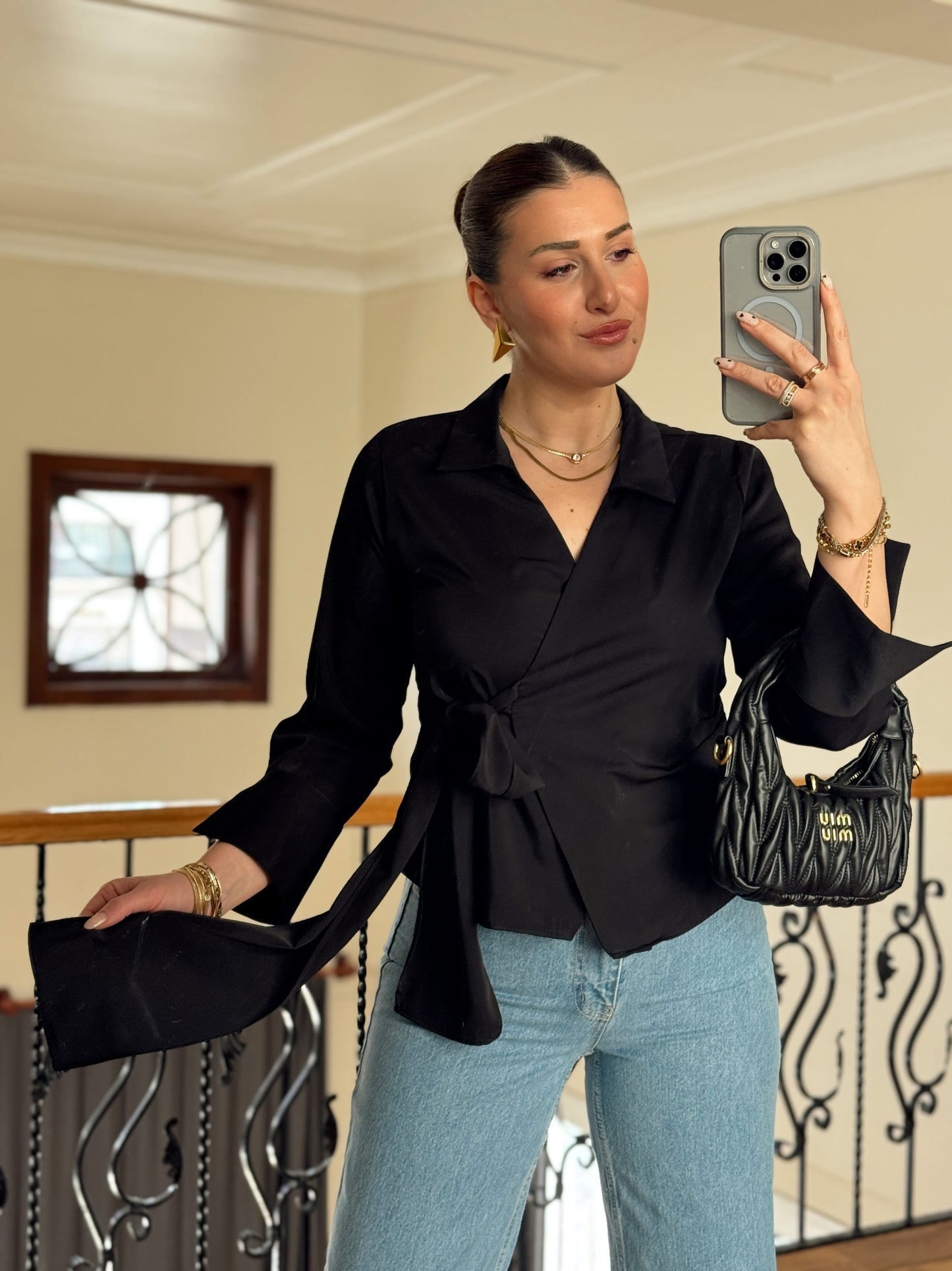 Önü Bağlamalı Gömlek-SİYAH