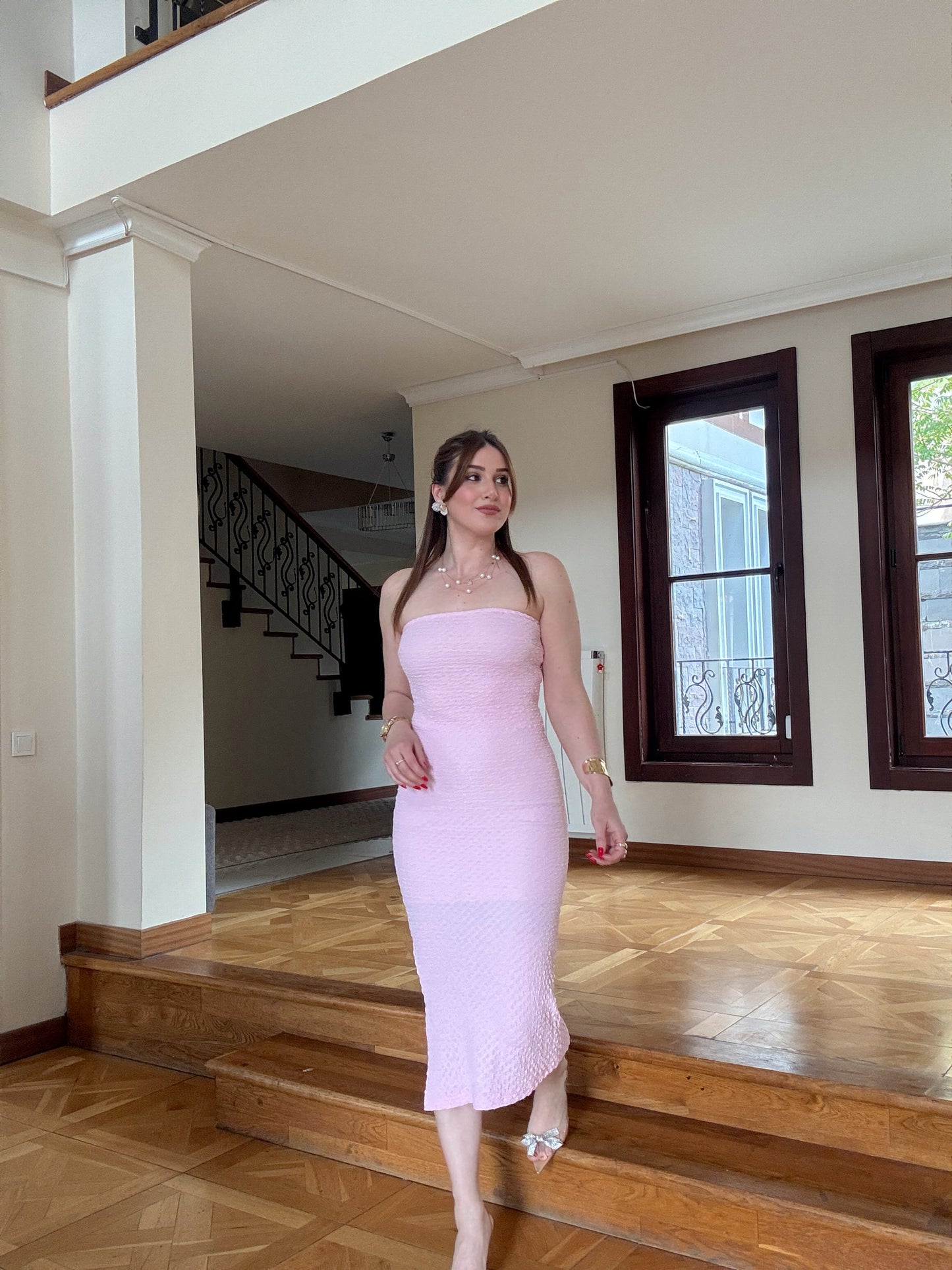 Straplez likralı astarlı elbise  PEMBE