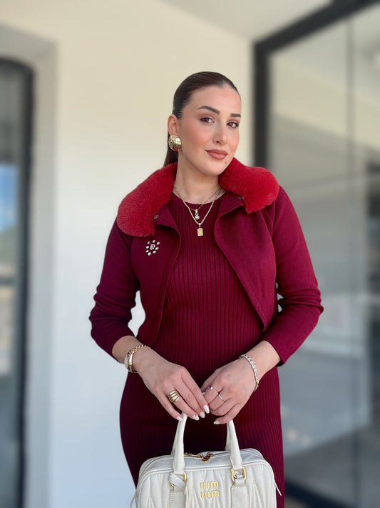 Yaka Peluş Taşlı Jile Takım Bordo