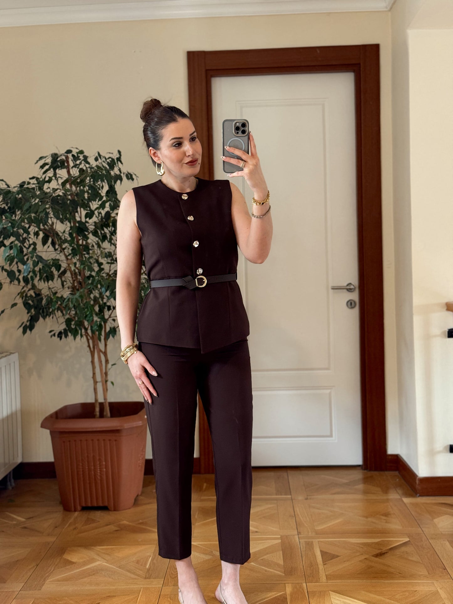 STELLA Kemerli Yelek-KAHVERENGİ