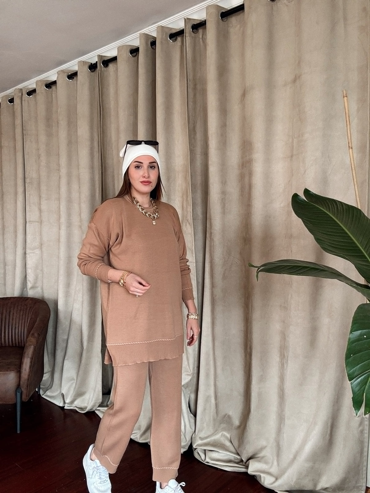 Kol ve Pantolon Desenli Triko Takım CAMEL