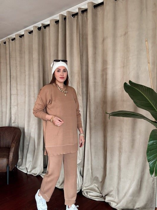 Kol ve Pantolon Desenli Triko Takım CAMEL