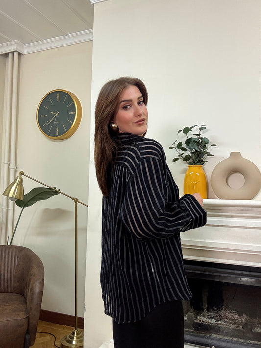 Transparan içi atletli şeritli  oversize gömlek SİYAH