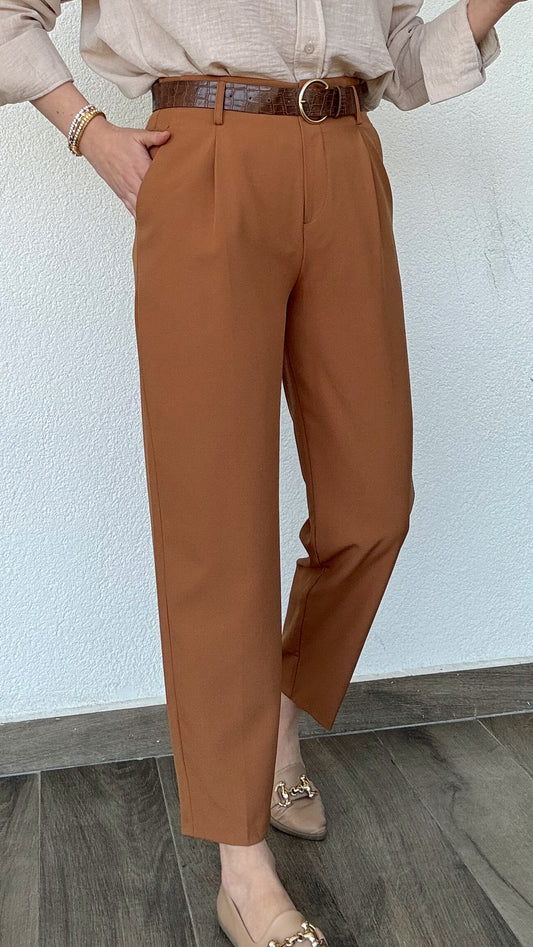 Kemerli Dar Paça Pantolon - TABA