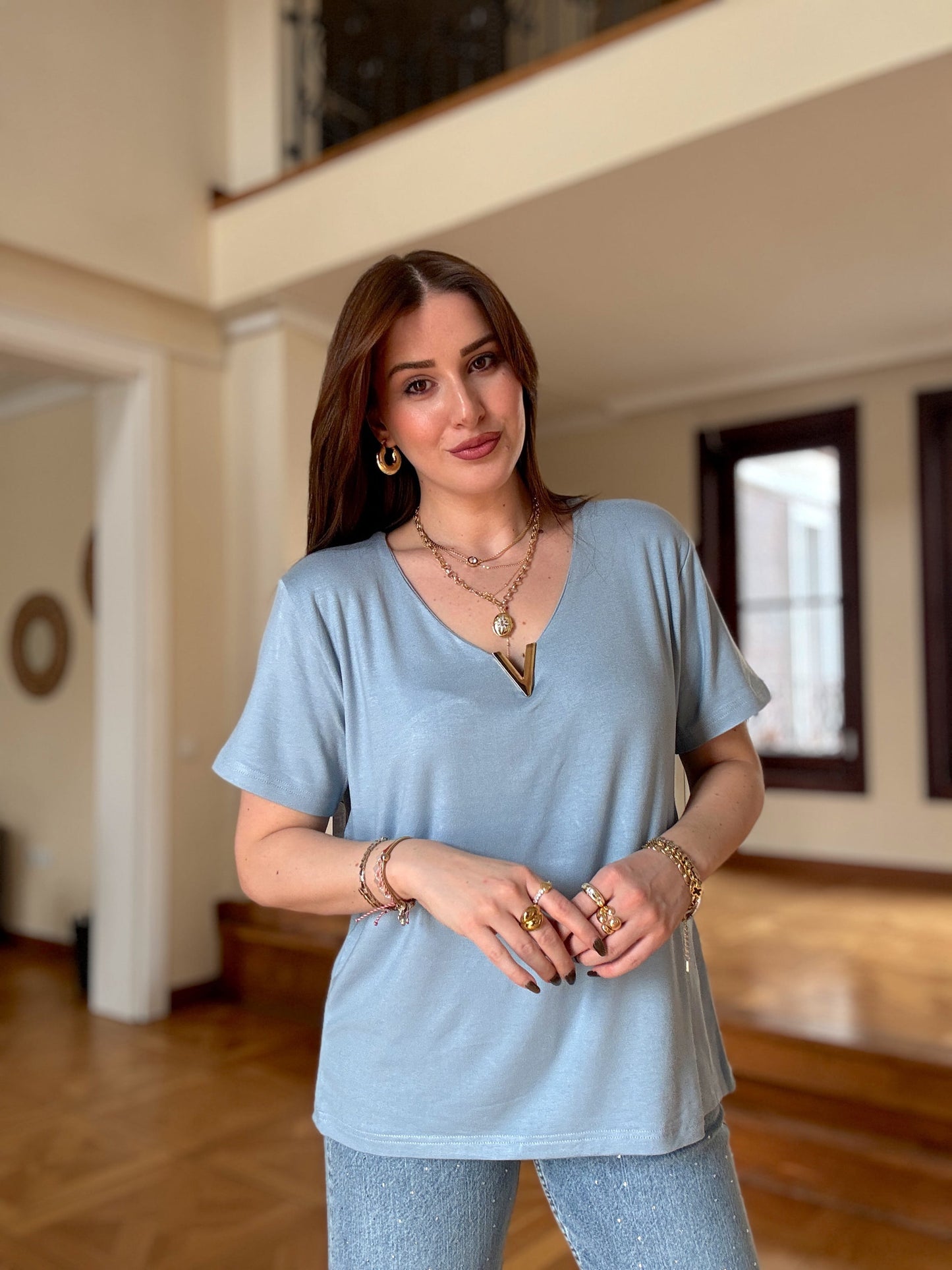 Modal Aksesuarlı Bluz Mavi